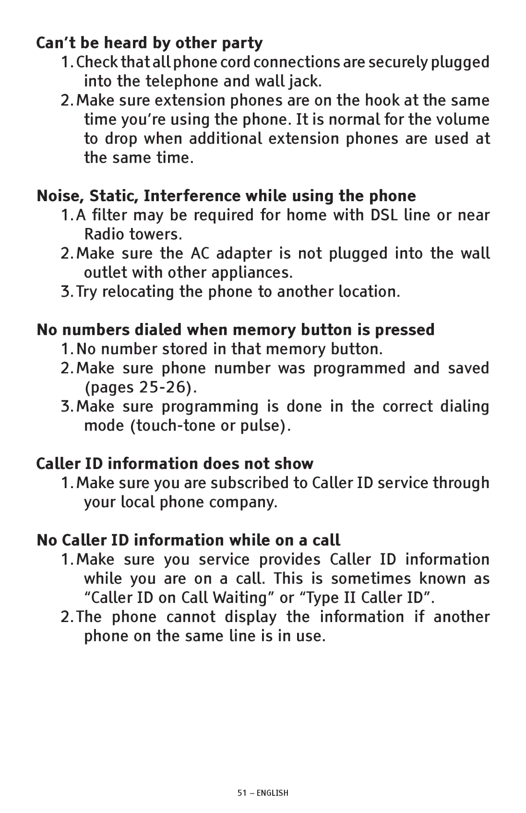 ClearSounds CSC1000 manual Can’t be heard by other party, Noise, Static, Interference while using the phone 