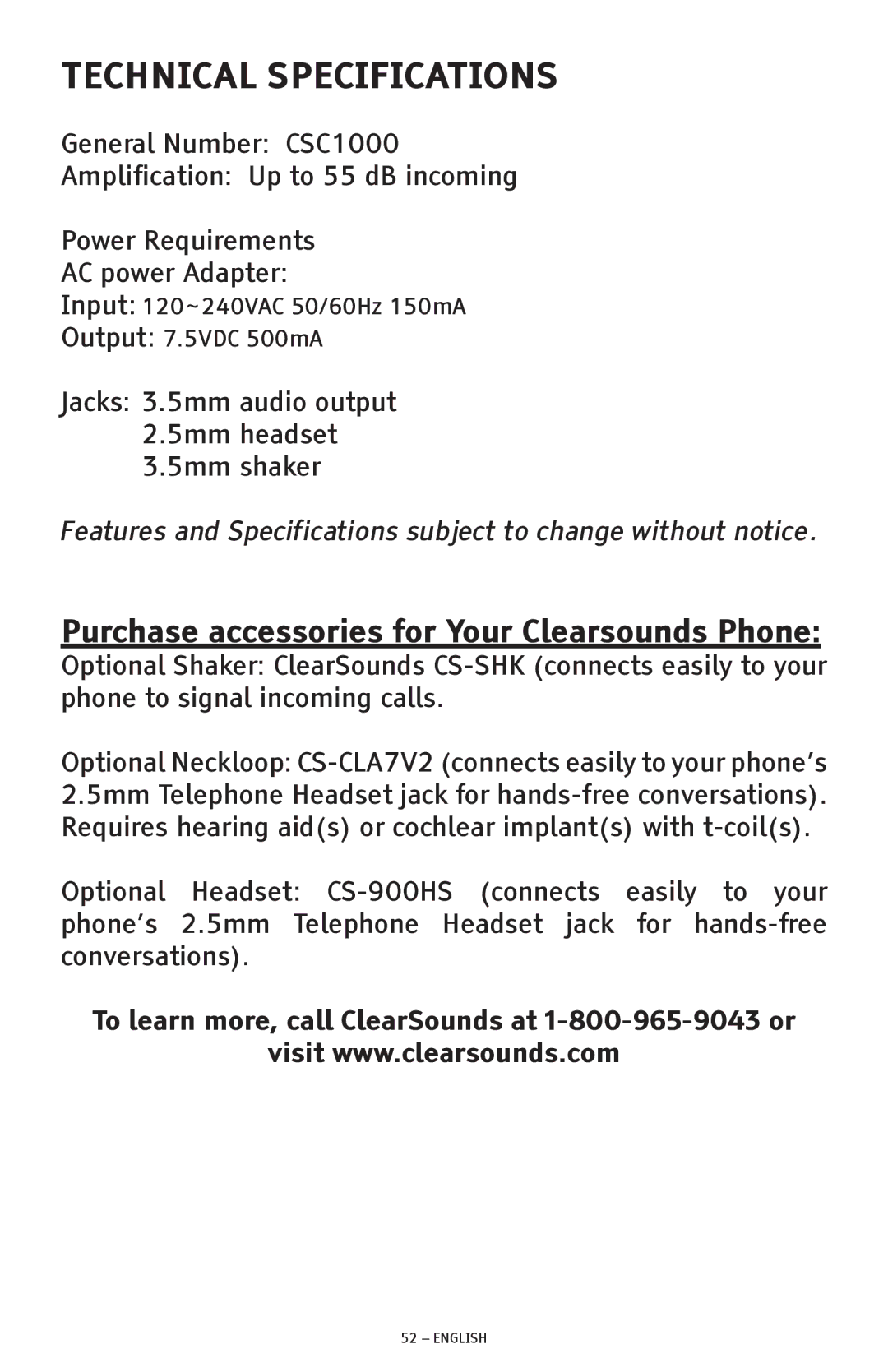 ClearSounds CSC1000 manual Technical Specifications, Purchase accessories for Your Clearsounds Phone 