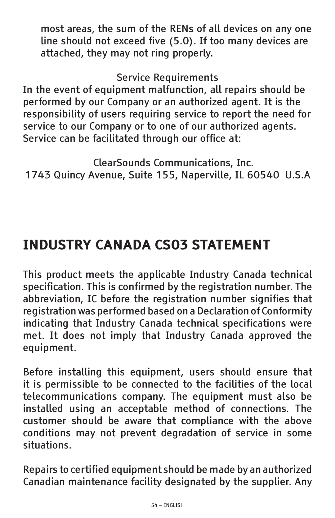 ClearSounds CSC1000 manual Industry Canada CS03 Statement 