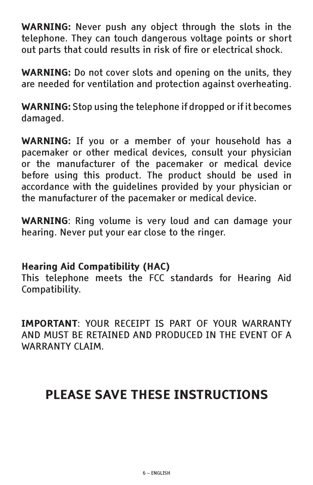 ClearSounds CSC1000 manual Please Save These Instructions, Hearing Aid Compatibility HAC 