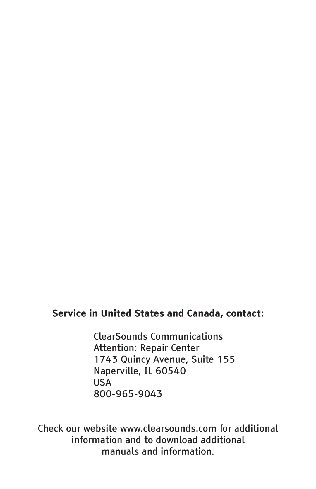 ClearSounds CSC1000 manual Service in United States and Canada, contact 