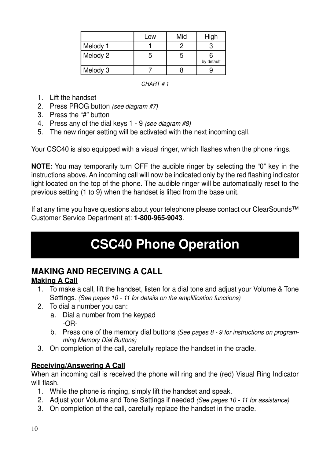 ClearSounds user manual CSC40 Phone Operation, Making and Receiving a Call, Making a Call, Receiving/Answering a Call 