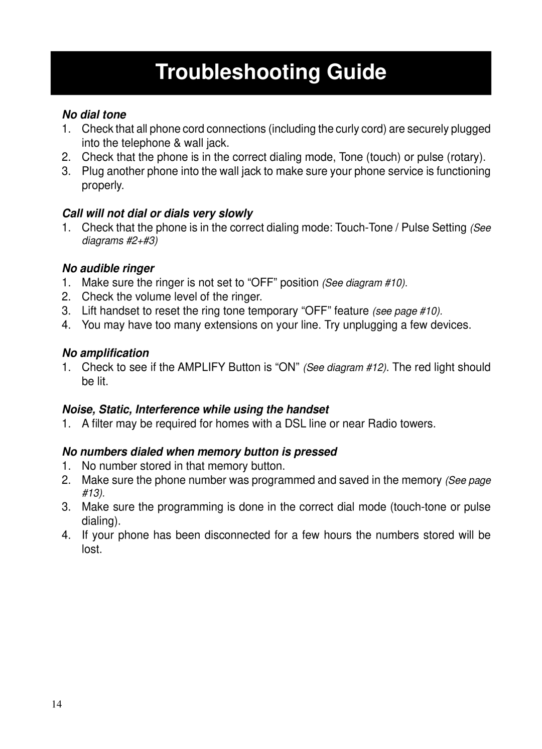 ClearSounds CSC40 user manual Troubleshooting Guide, No dial tone 