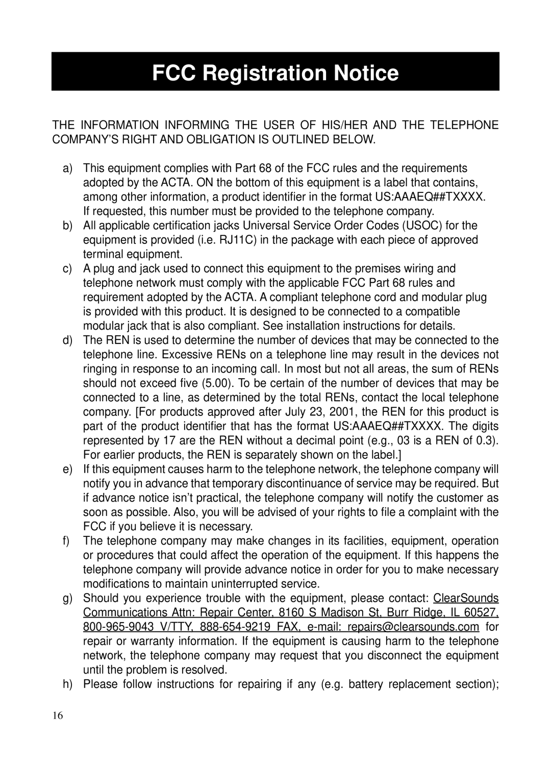 ClearSounds CSC40 user manual FCC Registration Notice 