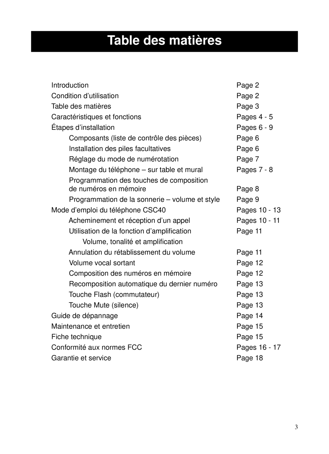 ClearSounds CSC40 user manual Table des matières 