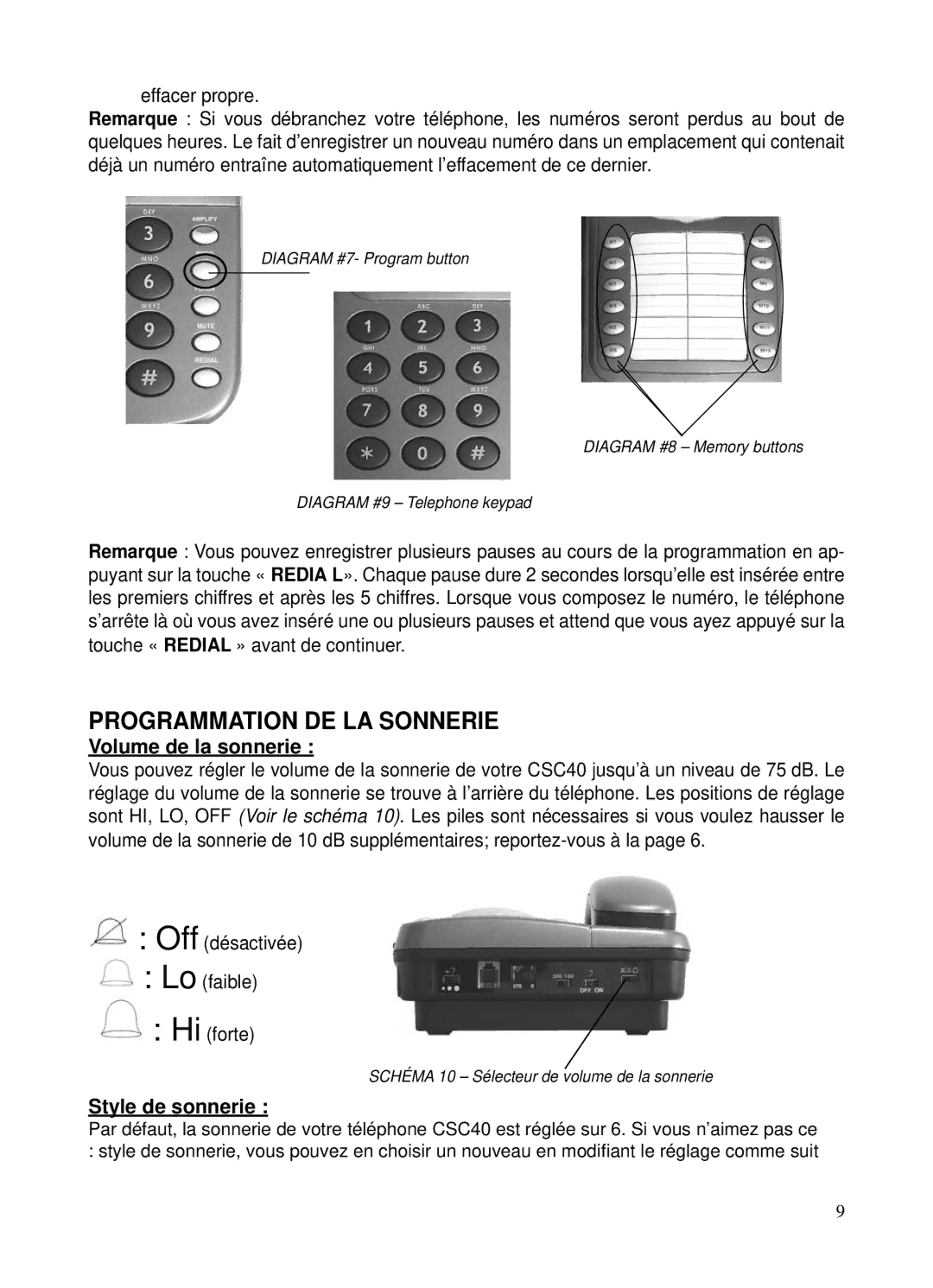 ClearSounds CSC40 user manual Programmation DE LA Sonnerie, Volume de la sonnerie, Style de sonnerie 