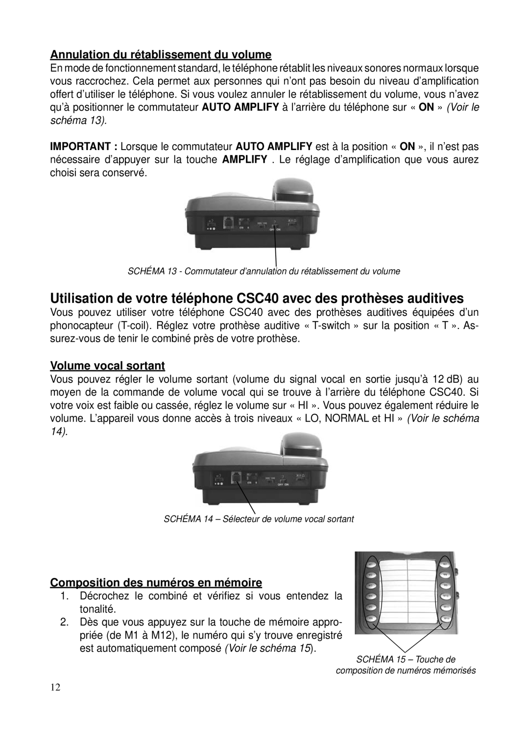 ClearSounds CSC40 Annulation du rétablissement du volume, Volume vocal sortant, Composition des numéros en mémoire 