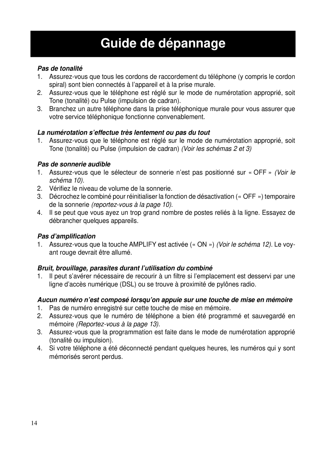 ClearSounds CSC40 user manual Guide de dépannage, Pas de tonalité 