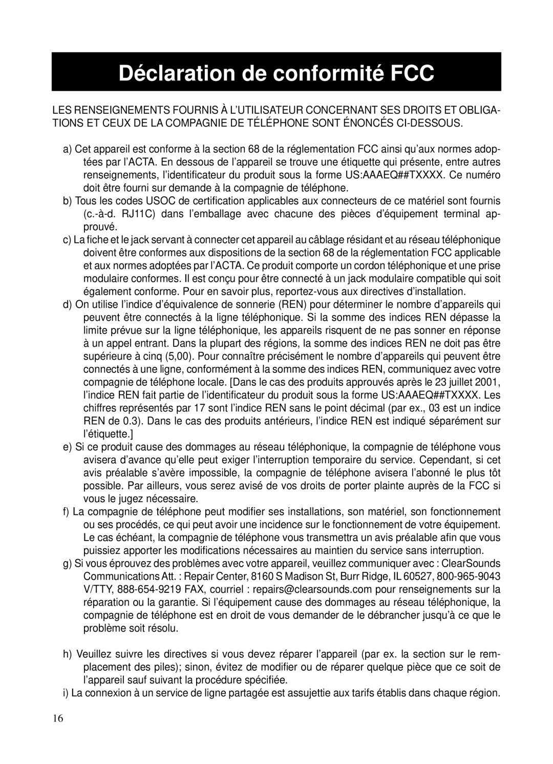 ClearSounds CSC40 user manual Déclaration de conformité FCC 