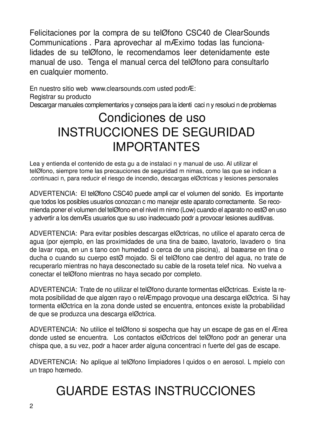 ClearSounds CSC40 user manual Instrucciones DE Seguridad Importantes 