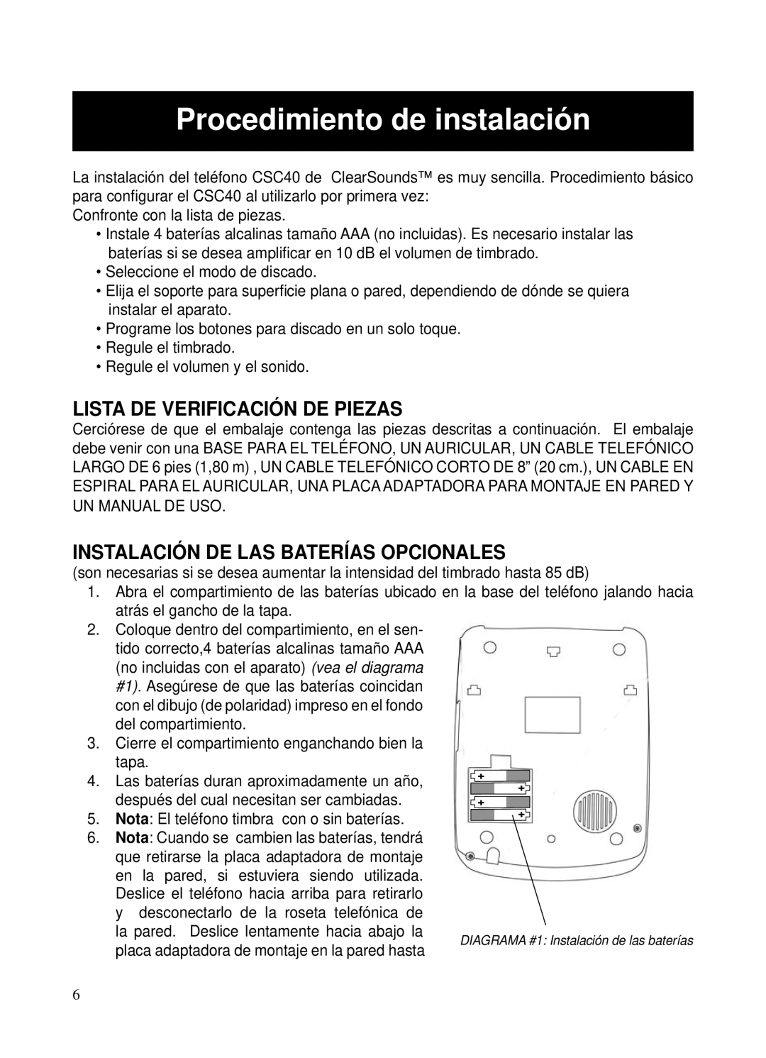 ClearSounds CSC40 Procedimiento de instalación, Lista DE Verificación DE Piezas, Instalación DE LAS Baterías Opcionales 