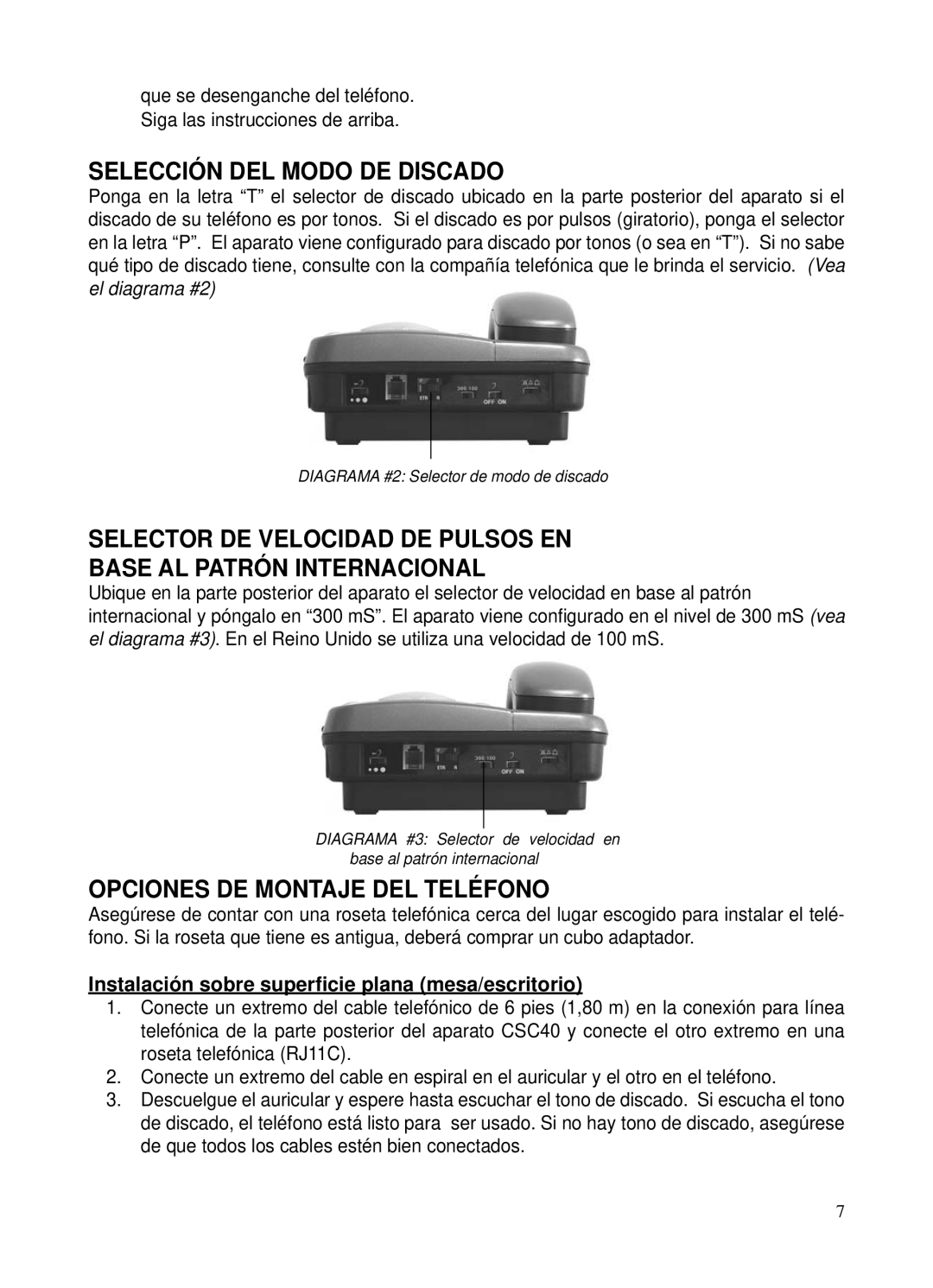 ClearSounds CSC40 user manual Selección DEL Modo DE Discado, Opciones DE Montaje DEL Teléfono 