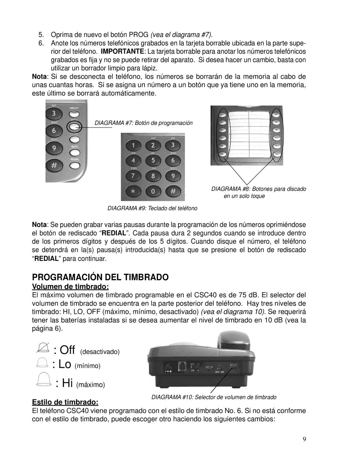 ClearSounds CSC40 user manual Programación DEL Timbrado, Volumen de timbrado, Estilo de timbrado 