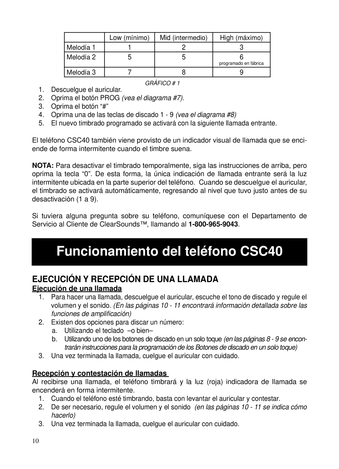 ClearSounds Funcionamiento del teléfono CSC40, Ejecución Y Recepción DE UNA Llamada, Ejecución de una llamada 