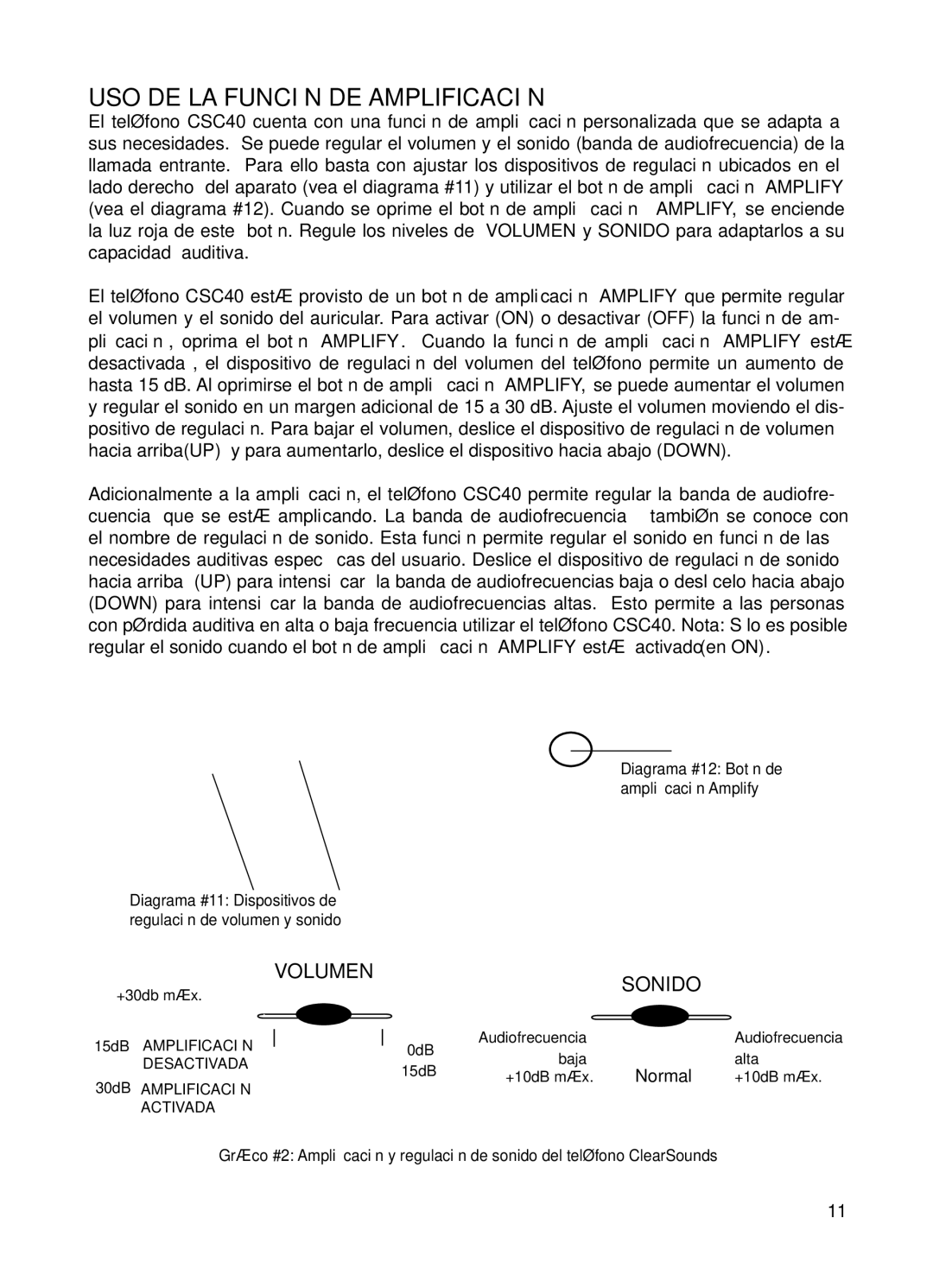 ClearSounds CSC40 user manual USO DE LA Función DE Amplificación, Sonido 