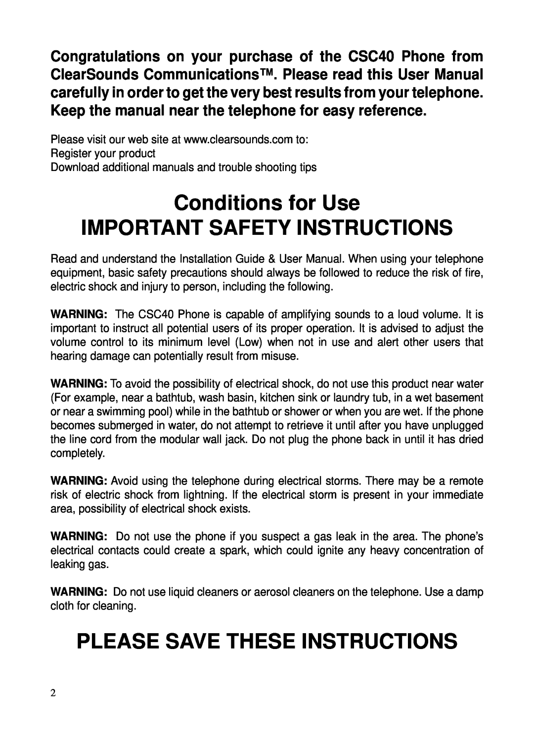 ClearSounds CSC40 user manual Conditions for Use IMPORTANT SAFETY INSTRUCTIONS, Please Save These Instructions 