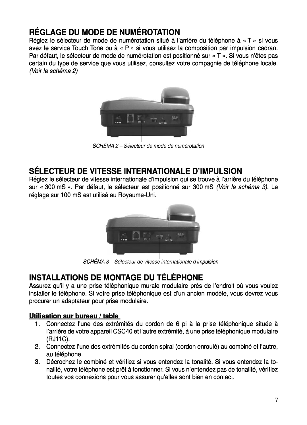 ClearSounds CSC40 user manual Réglage Du Mode De Numérotation, Sélecteur De Vitesse Internationale D’Impulsion 