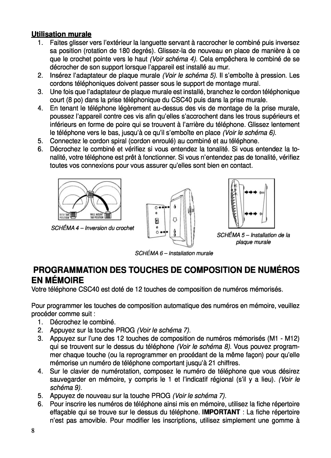 ClearSounds CSC40 user manual Programmation Des Touches De Composition De Numéros En Mémoire, Utilisation murale 
