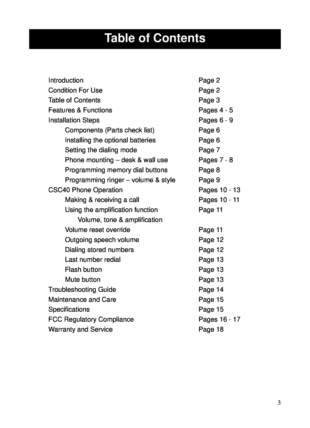 ClearSounds CSC40 user manual Table of Contents 