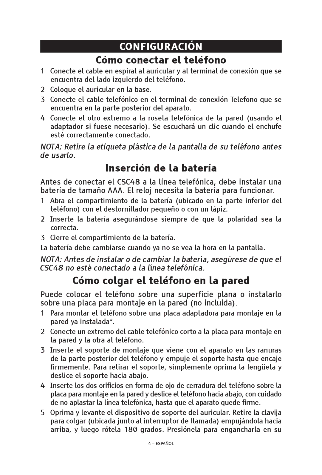 ClearSounds CSC48 Configuración, Cómo conectar el teléfono, Inserción de la batería, Cómo colgar el teléfono en la pared 