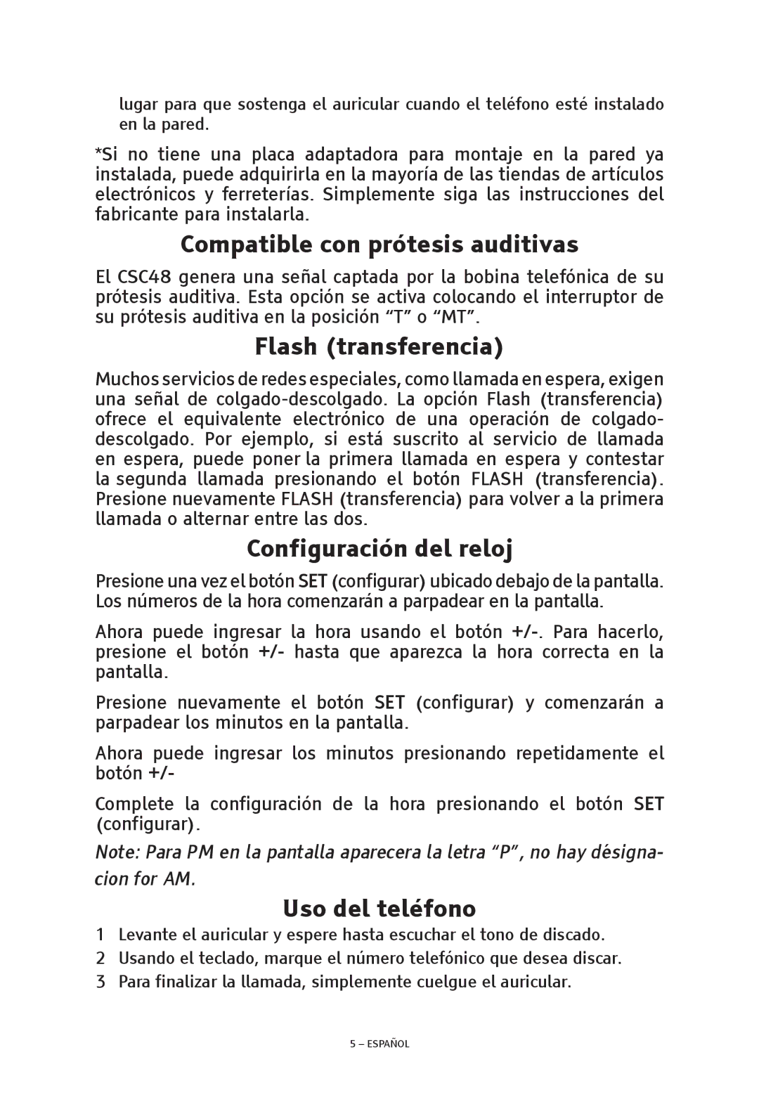 ClearSounds CSC48 manual Compatible con prótesis auditivas, Flash transferencia, Configuración del reloj 