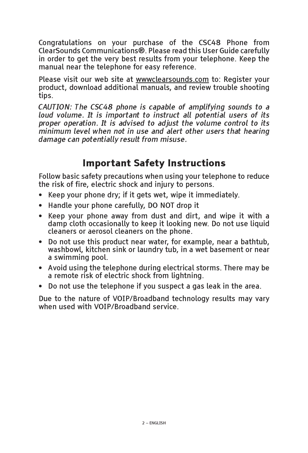 ClearSounds CSC48 manual Important Safety Instructions 