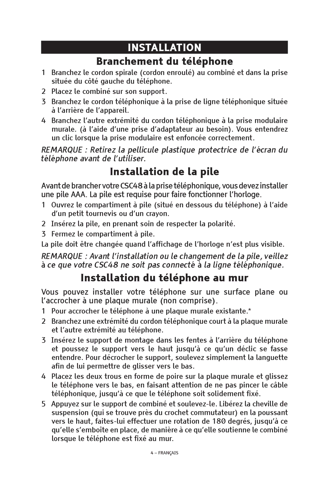 ClearSounds CSC48 manual Branchement du téléphone, Installation de la pile, Installation du téléphone au mur 