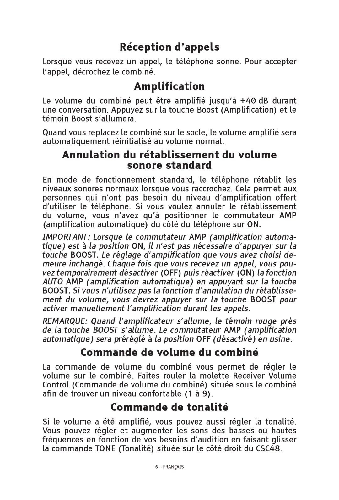 ClearSounds CSC48 manual Réception d’appels, Annulation du rétablissement du volume Sonore standard, Commande de tonalité 