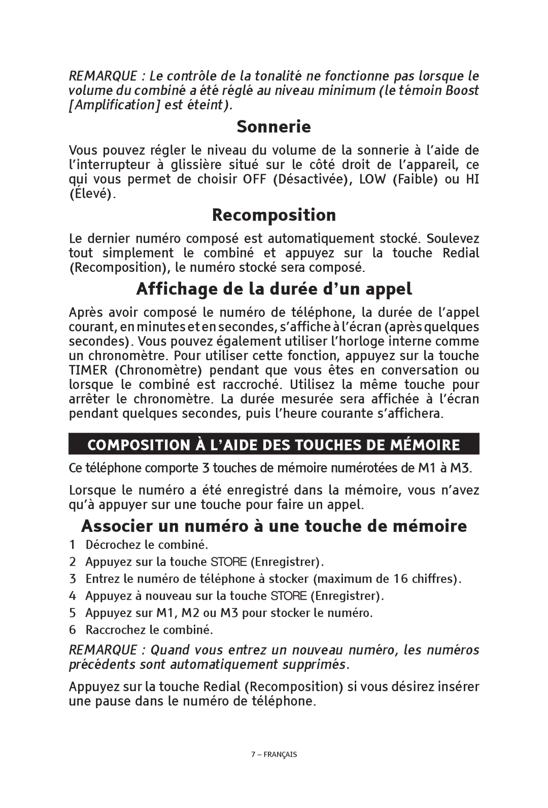 ClearSounds CSC48 Sonnerie, Recomposition, Affichage de la durée d’un appel, Associer un numéro à une touche de mémoire 