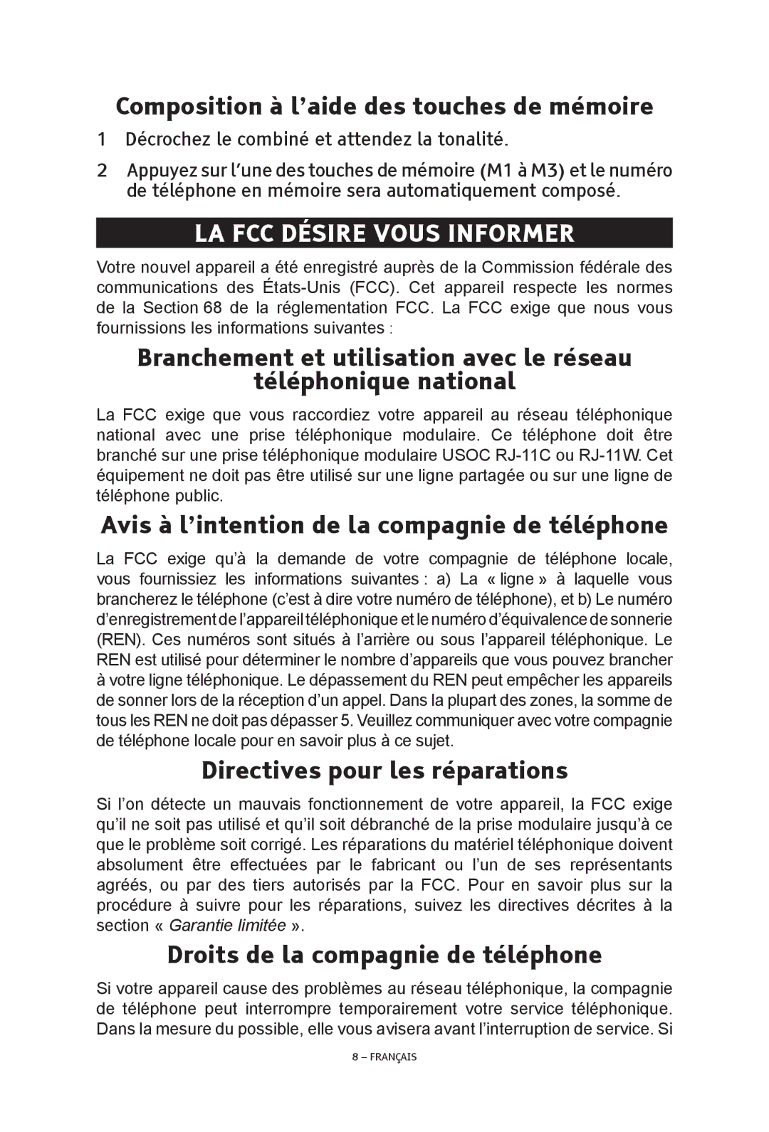 ClearSounds CSC48 manual Composition à l’aide des touches de mémoire, LA FCC Désire Vous Informer 