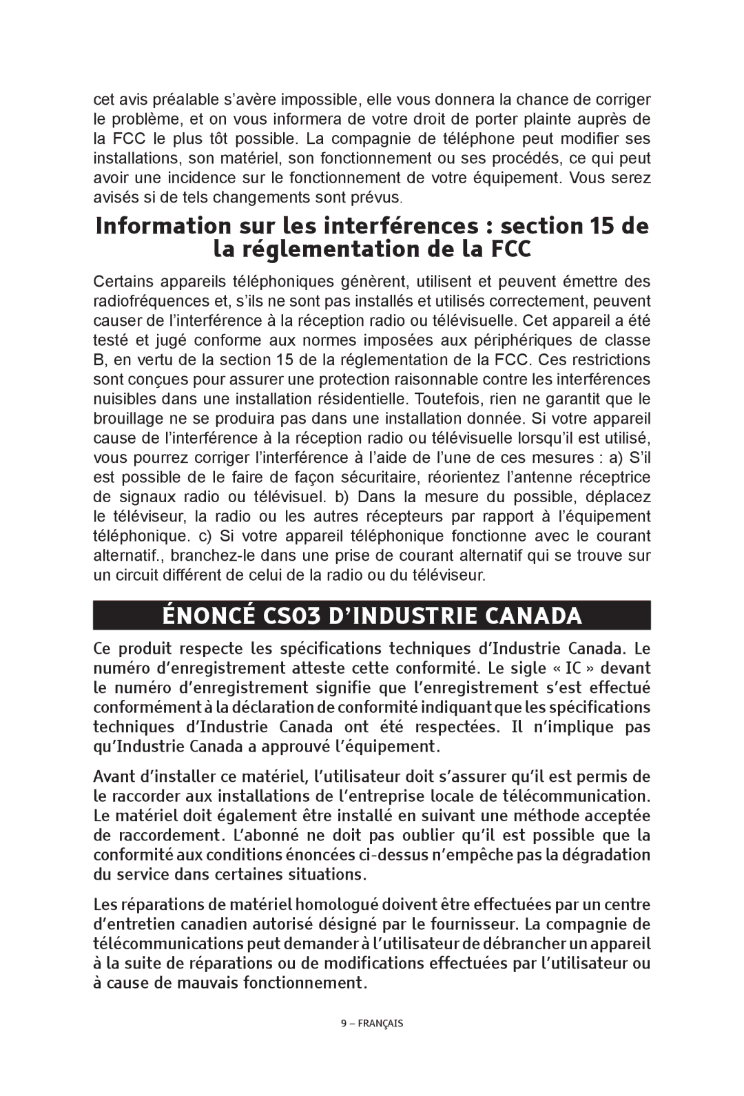 ClearSounds CSC48 manual Énoncé CS03 D’INDUSTRIE Canada 