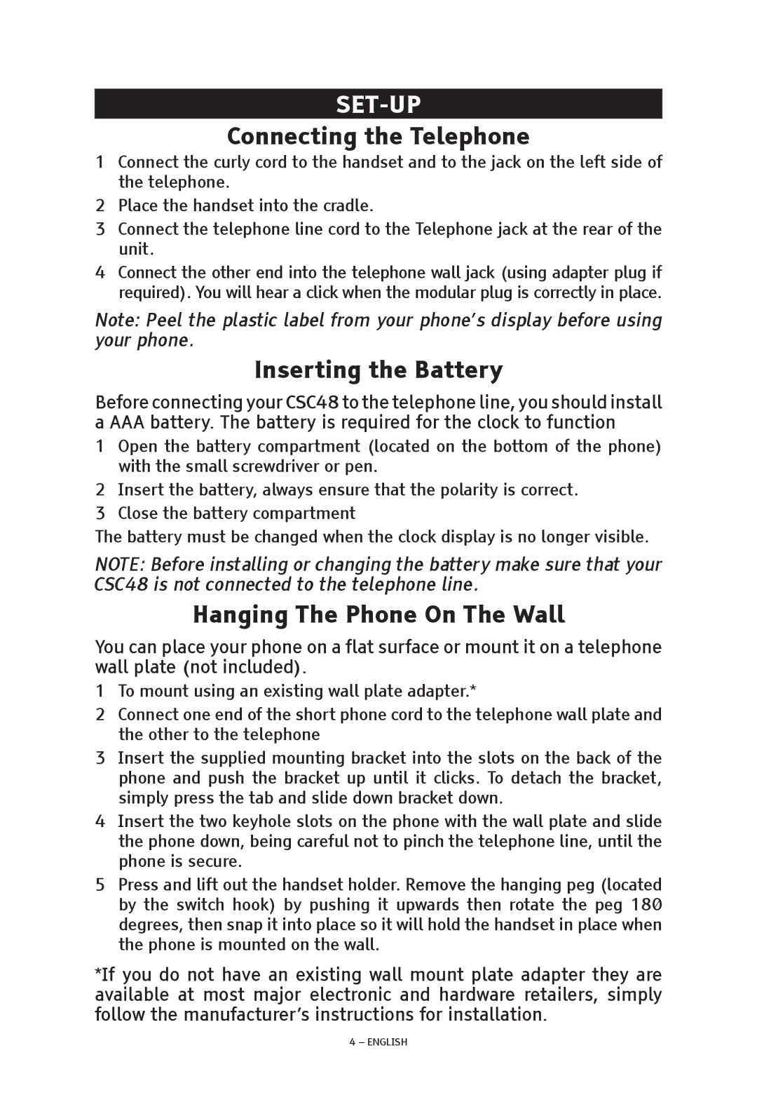 ClearSounds CSC48 manual Set-Up, Connecting the Telephone, Inserting the Battery, Hanging The Phone On The Wall 