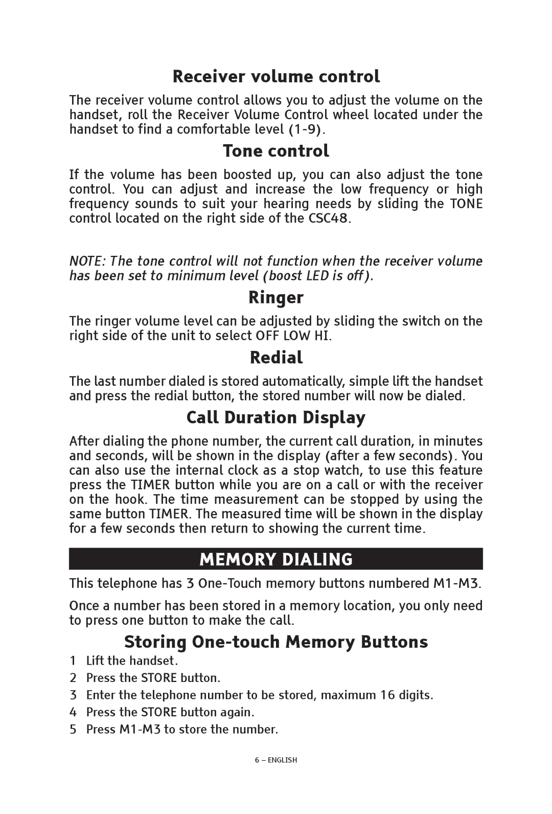 ClearSounds CSC48 manual Memory Dialing 