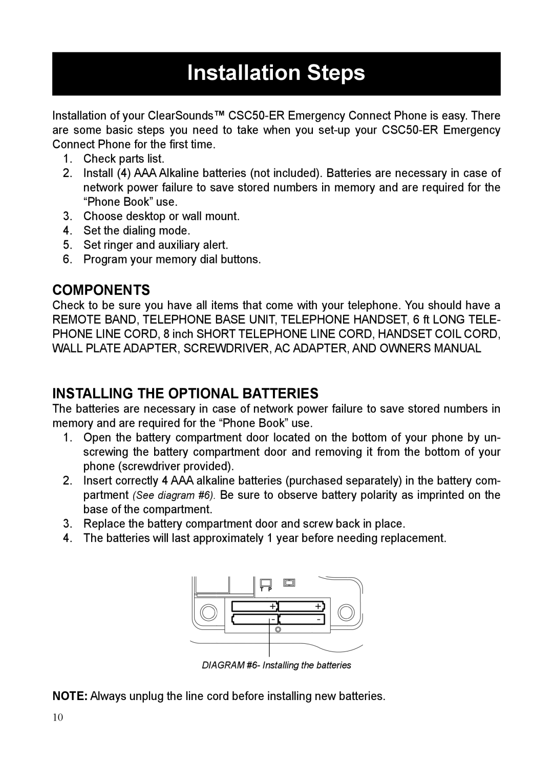 ClearSounds CSC50-ER manual Installation Steps, Components, Installing the Optional Batteries 