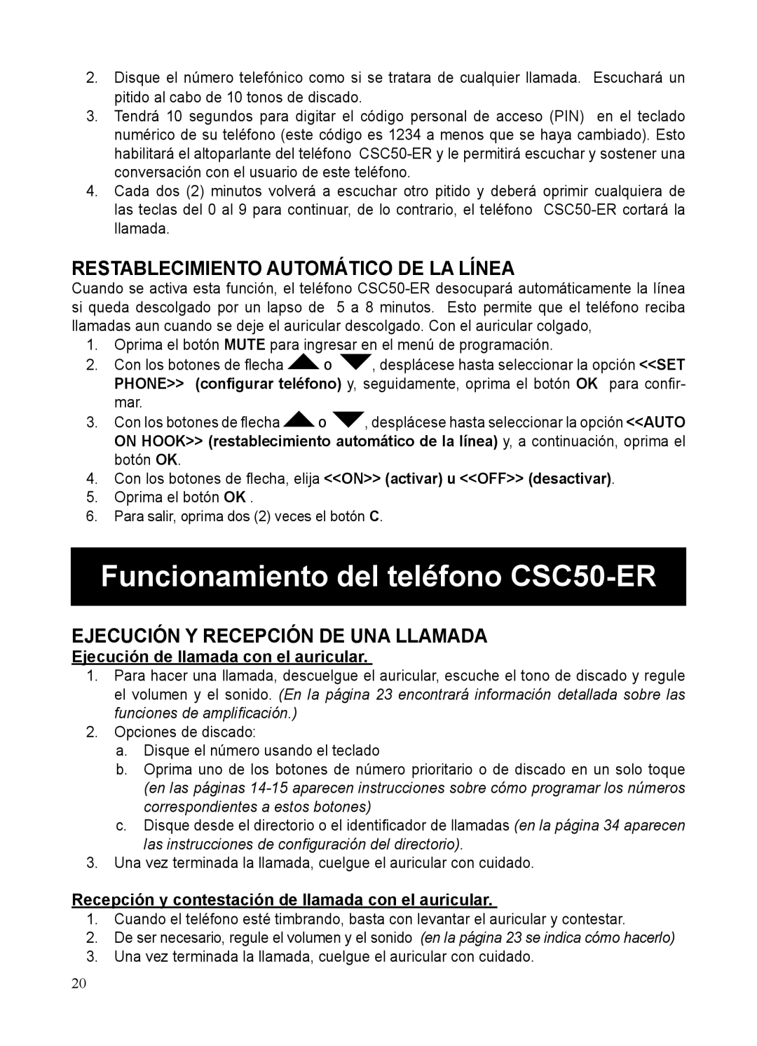 ClearSounds manual Funcionamiento del teléfono CSC50-ER, Restablecimiento Automático DE LA Línea 