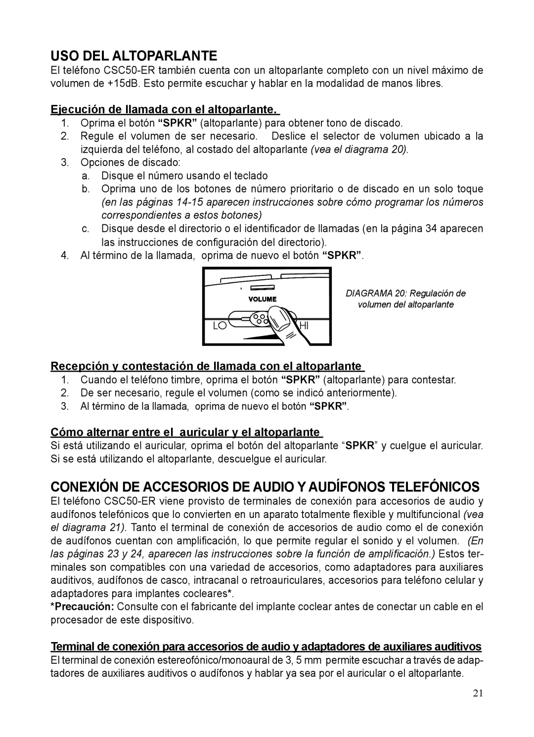 ClearSounds CSC50-ER manual USO DEL Altoparlante, Ejecución de llamada con el altoparlante 