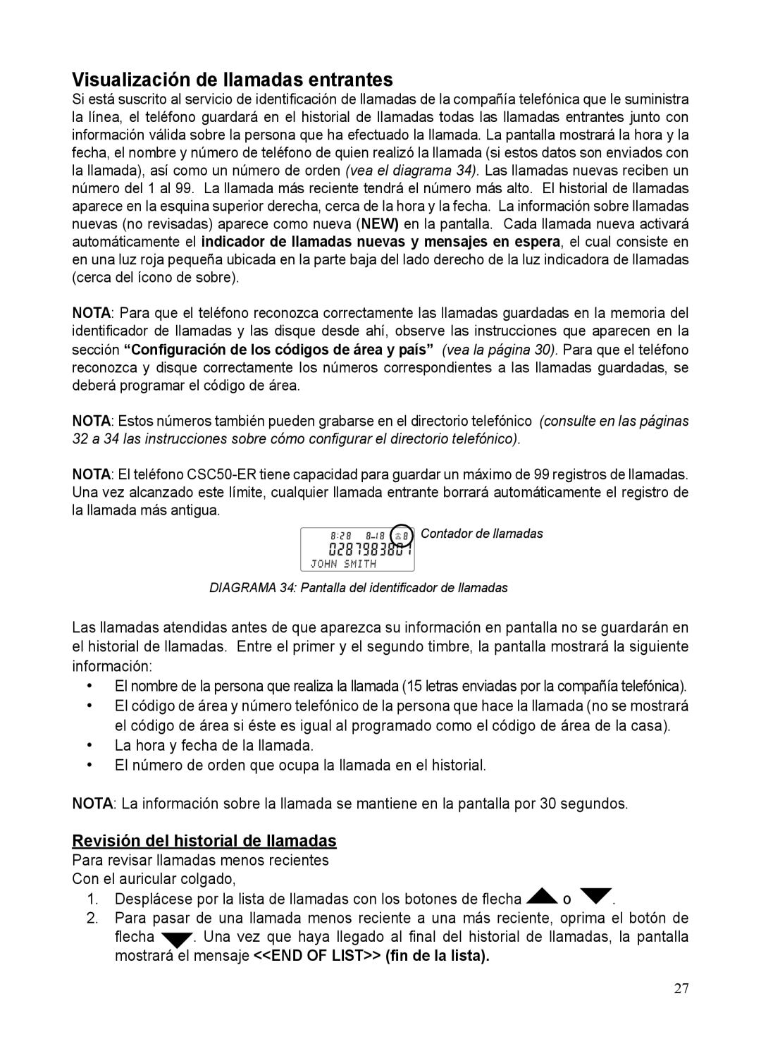 ClearSounds CSC50-ER manual Visualización de llamadas entrantes, Revisión del historial de llamadas, ﬂecha 