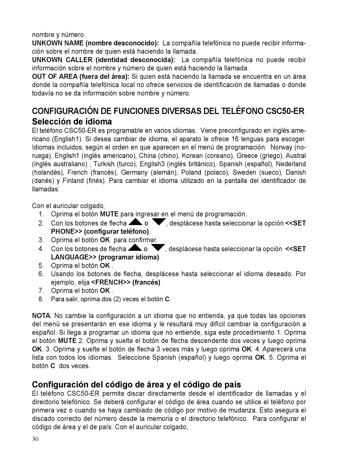 ClearSounds CSC50-ER manual Conﬁguración del código de área y el código de país 