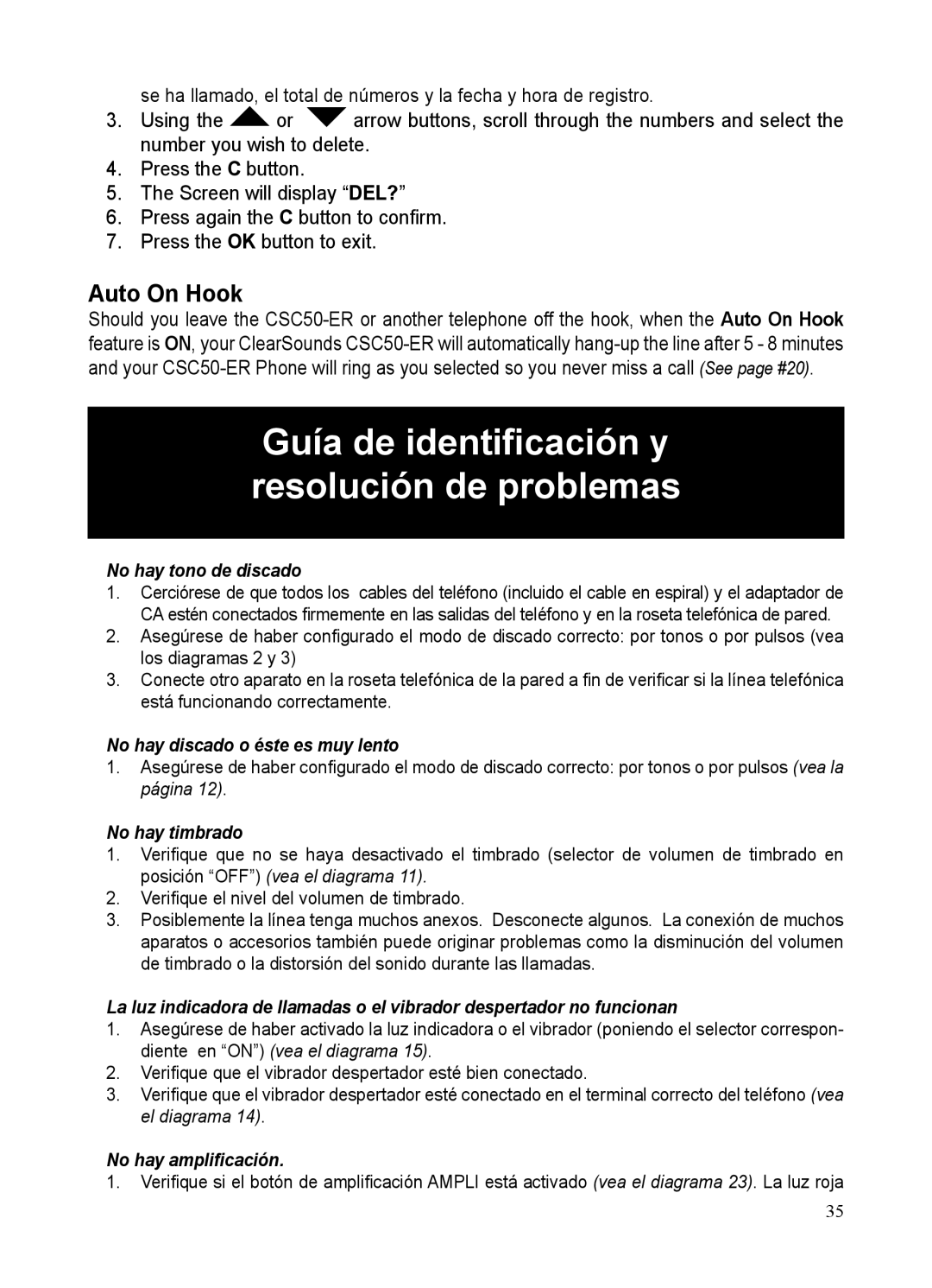 ClearSounds CSC50-ER manual Guía de identiﬁcación y resolución de problemas, No hay tono de discado 