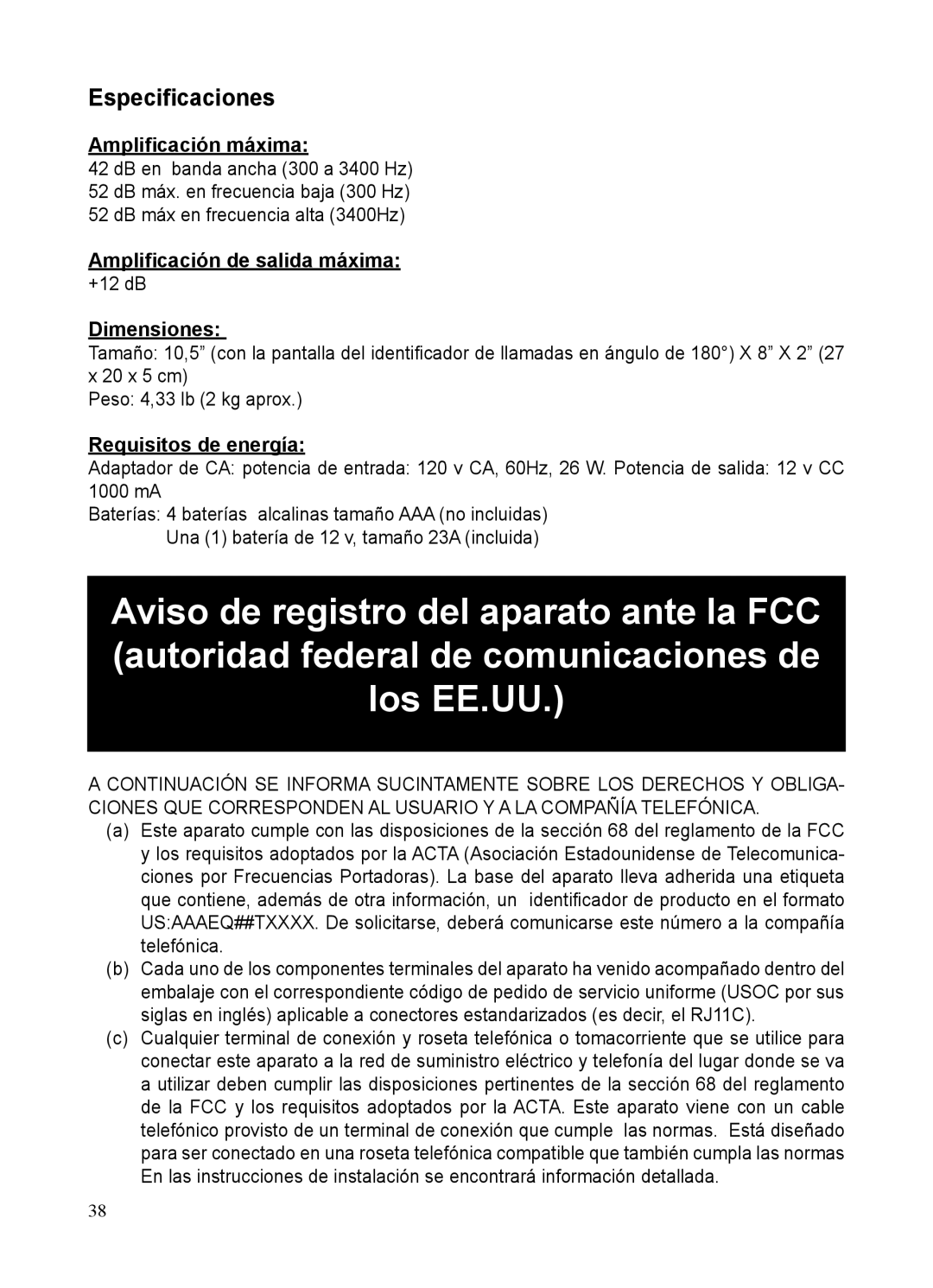 ClearSounds CSC50-ER manual Especiﬁcaciones, Ampliﬁcación máxima, Ampliﬁcación de salida máxima, Dimensiones 