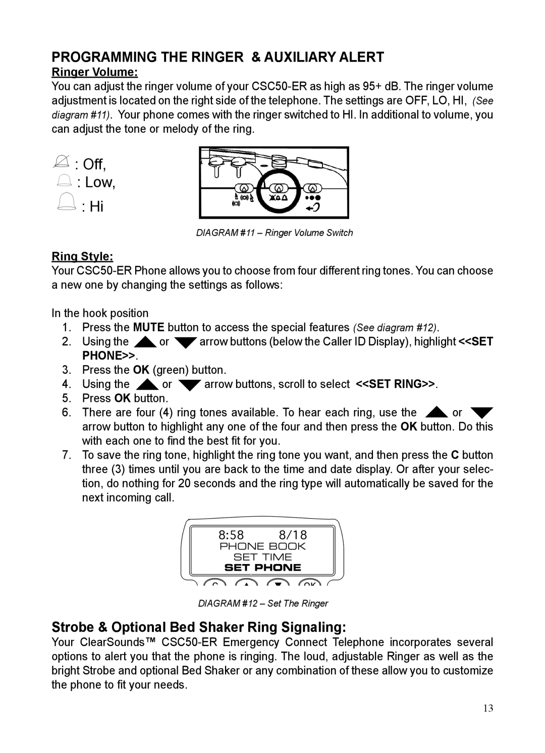 ClearSounds CSC50-ER Programming the Ringer & Auxiliary Alert, Strobe & Optional Bed Shaker Ring Signaling, Ringer Volume 