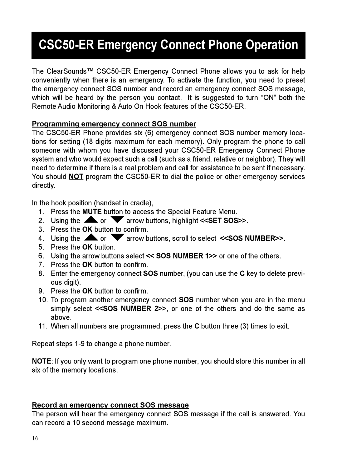 ClearSounds CSC50-ER manual Programming emergency connect SOS number, Record an emergency connect SOS message 