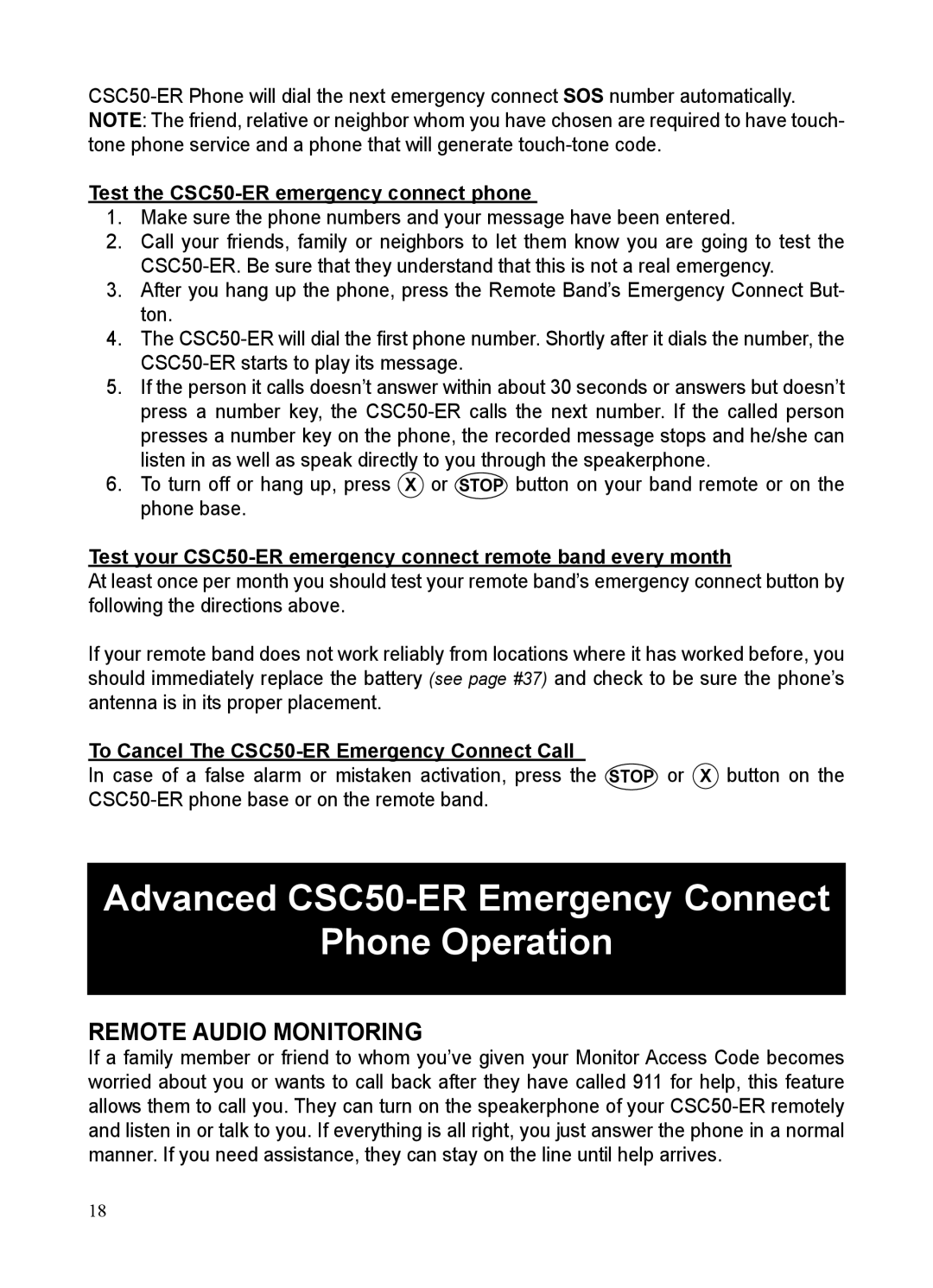 ClearSounds manual Advanced CSC50-ER Emergency Connect Phone Operation, Remote Audio Monitoring 