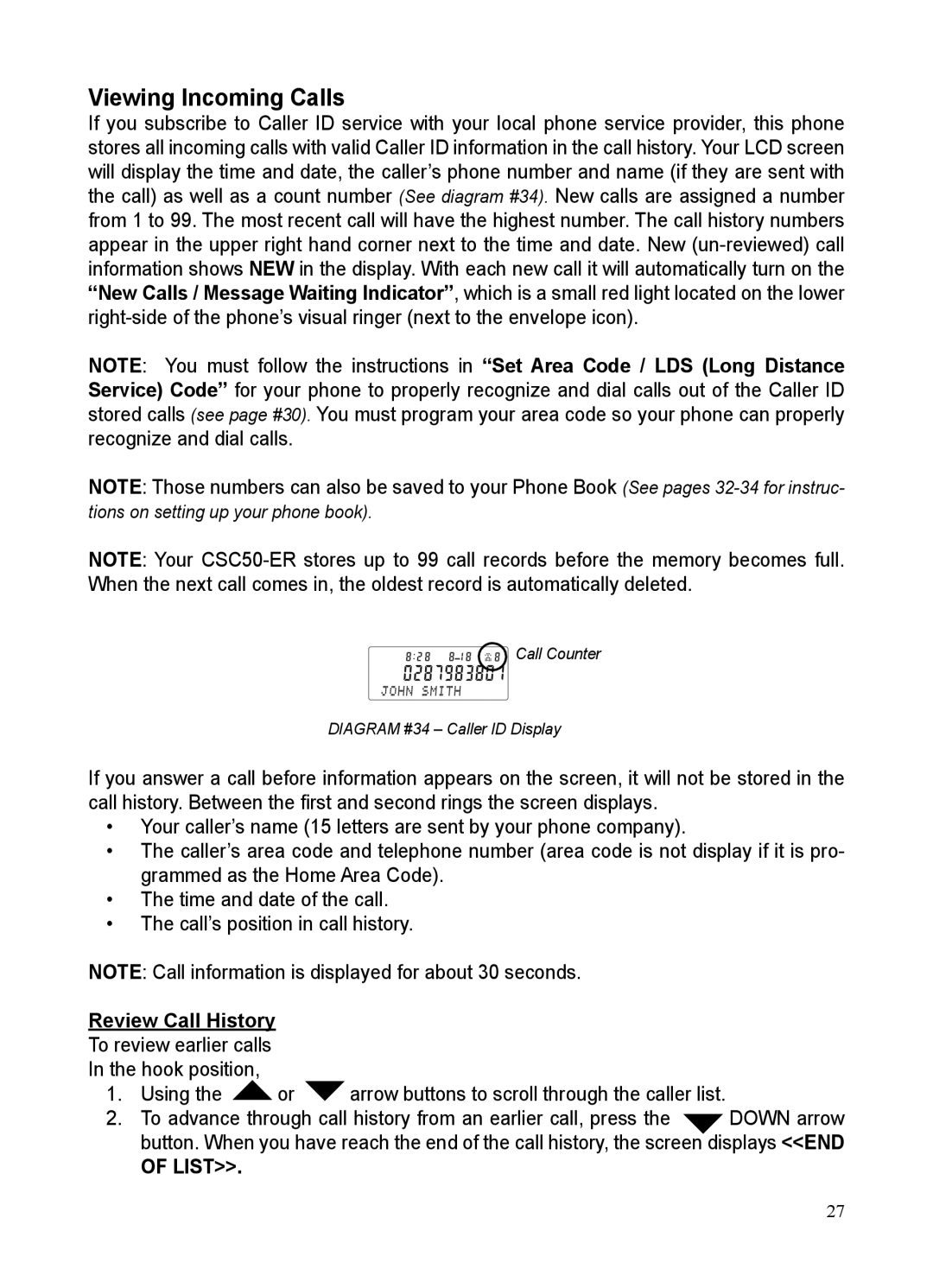 ClearSounds CSC50-ER manual Viewing Incoming Calls, Review Call History, To review earlier calls Hook position Using 