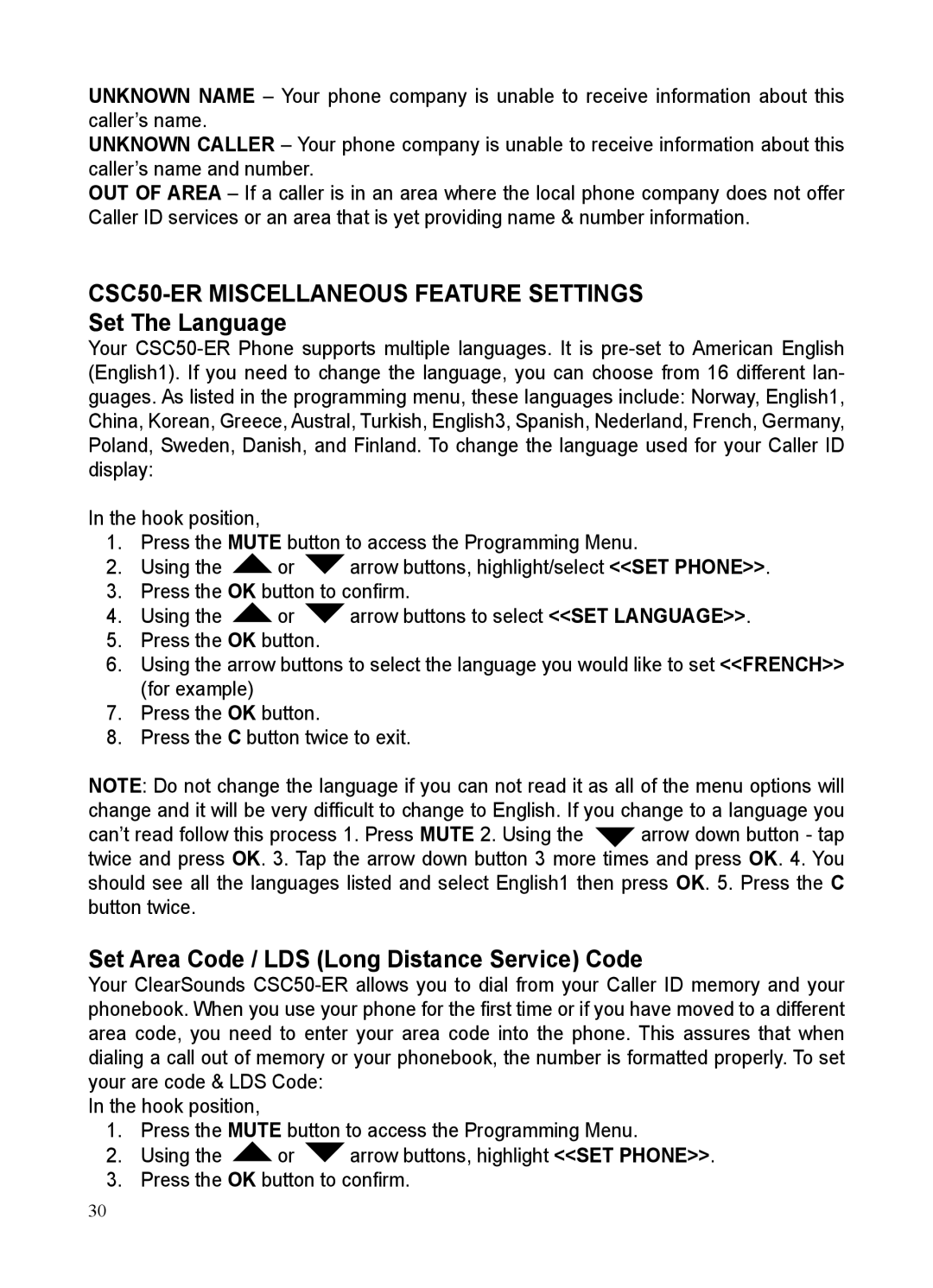 ClearSounds CSC50-ER Miscellaneous Feature Settings, Set The Language, Set Area Code / LDS Long Distance Service Code 