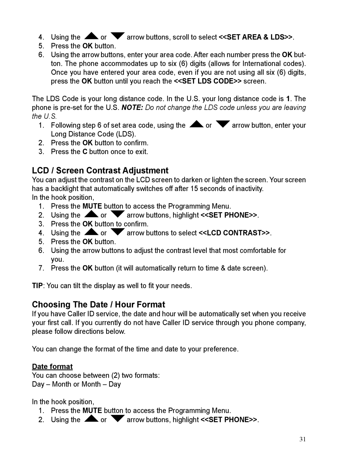 ClearSounds CSC50-ER manual LCD / Screen Contrast Adjustment, Choosing The Date / Hour Format, Date format 