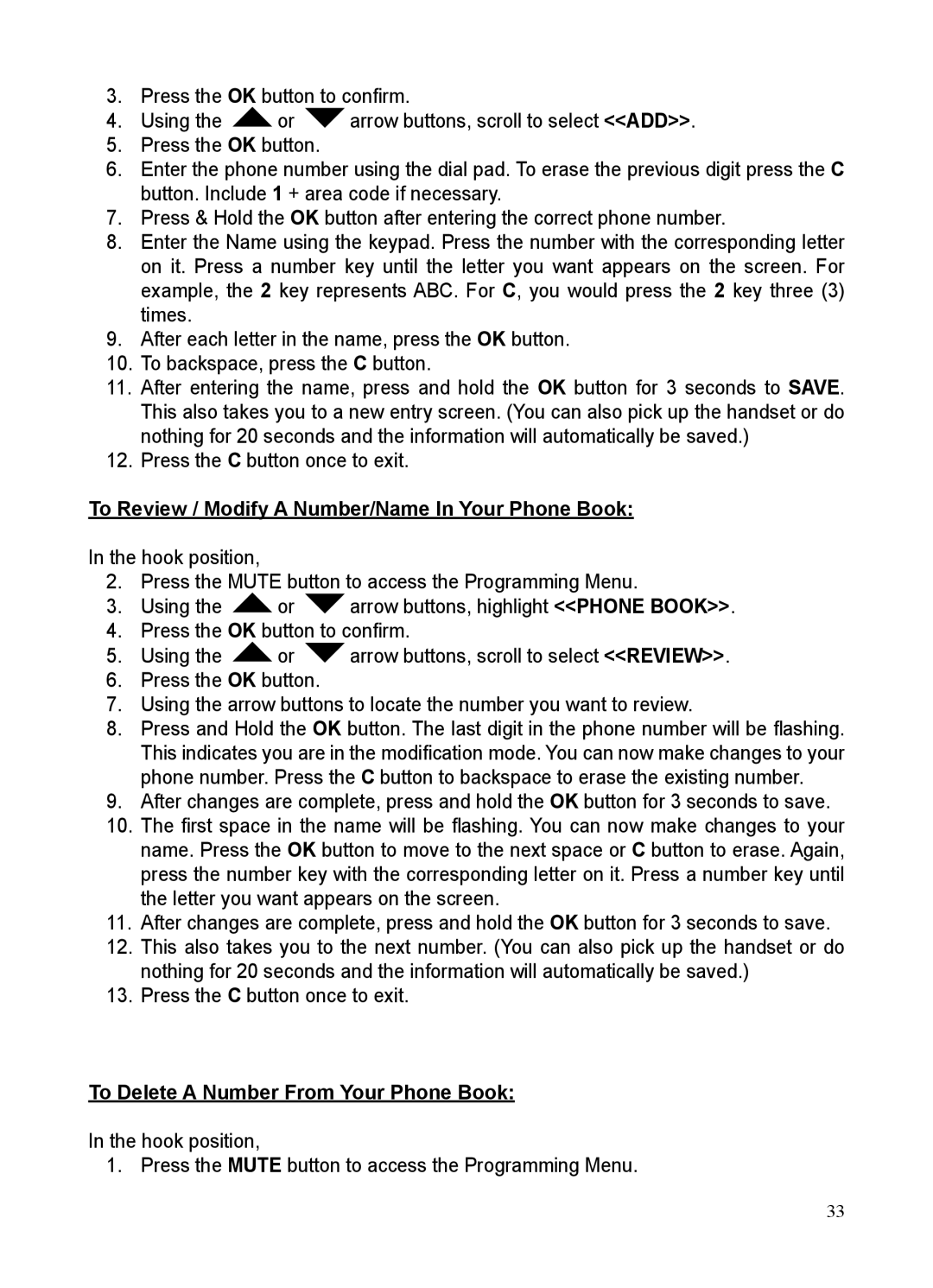 ClearSounds CSC50-ER manual To Review / Modify a Number/Name In Your Phone Book, To Delete a Number From Your Phone Book 