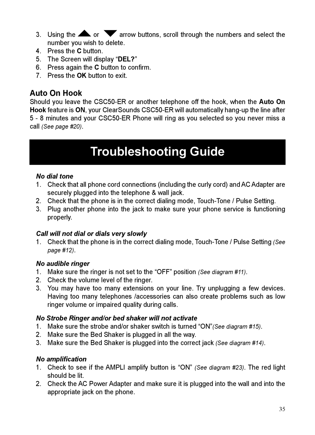 ClearSounds CSC50-ER manual Troubleshooting Guide, Auto On Hook 