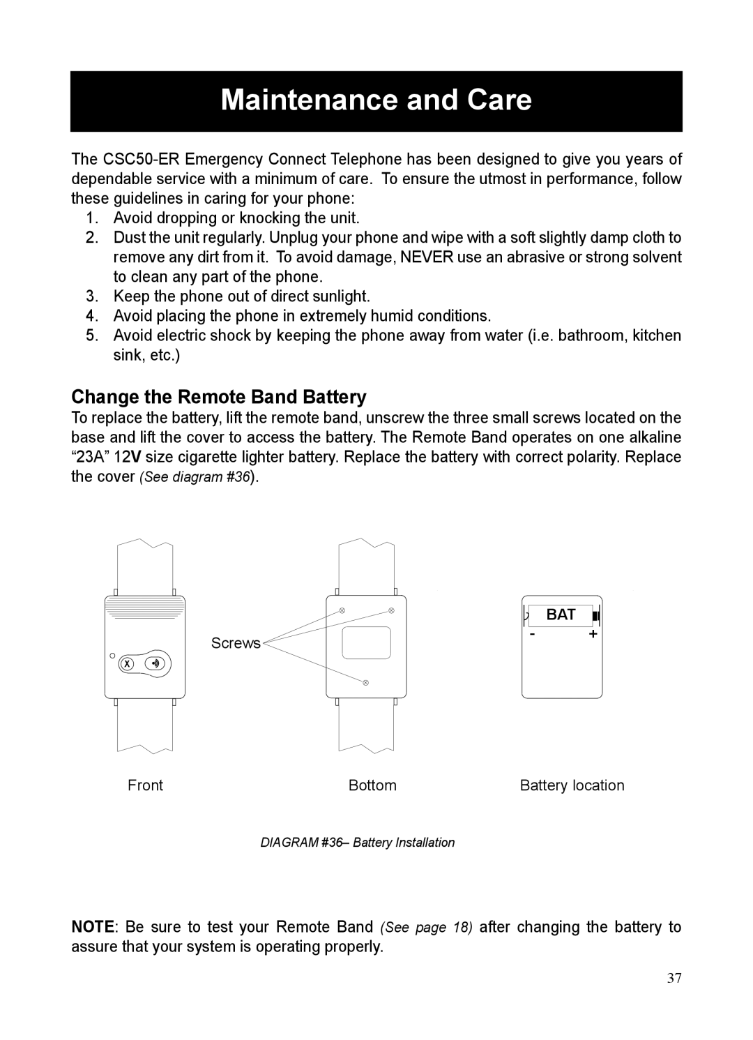 ClearSounds CSC50-ER manual Maintenance and Care, Change the Remote Band Battery 