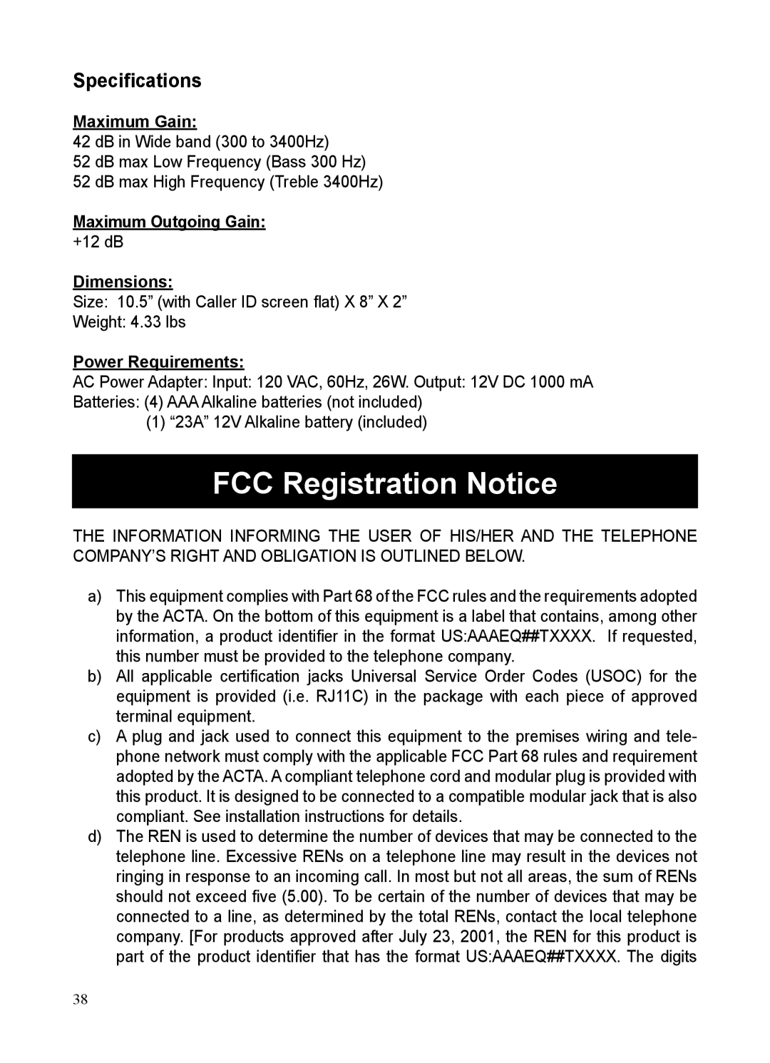 ClearSounds CSC50-ER manual FCC Registration Notice, Speciﬁcations 